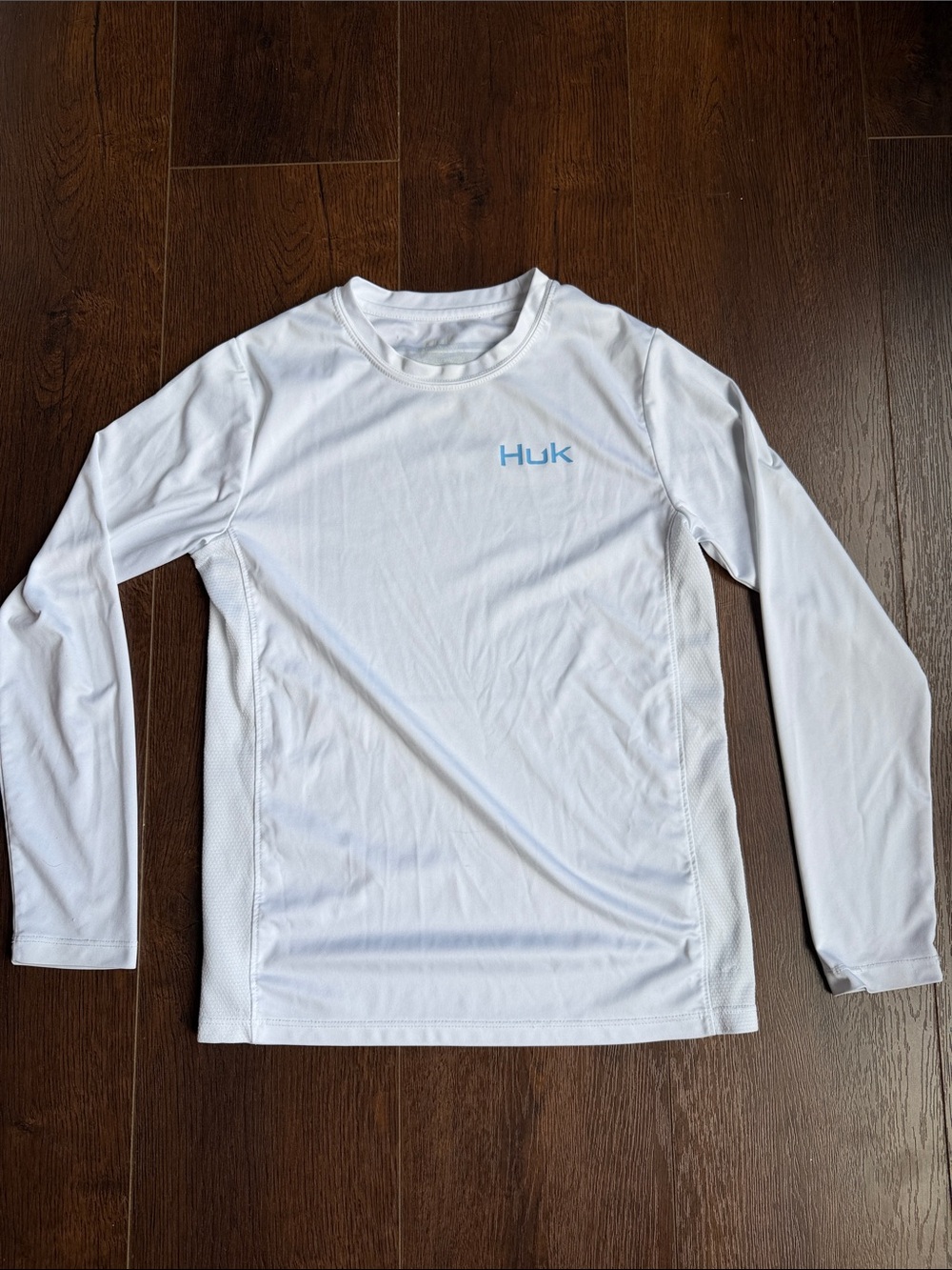 Huk White Long-Sleeve Performance Top with Light Blue Logo